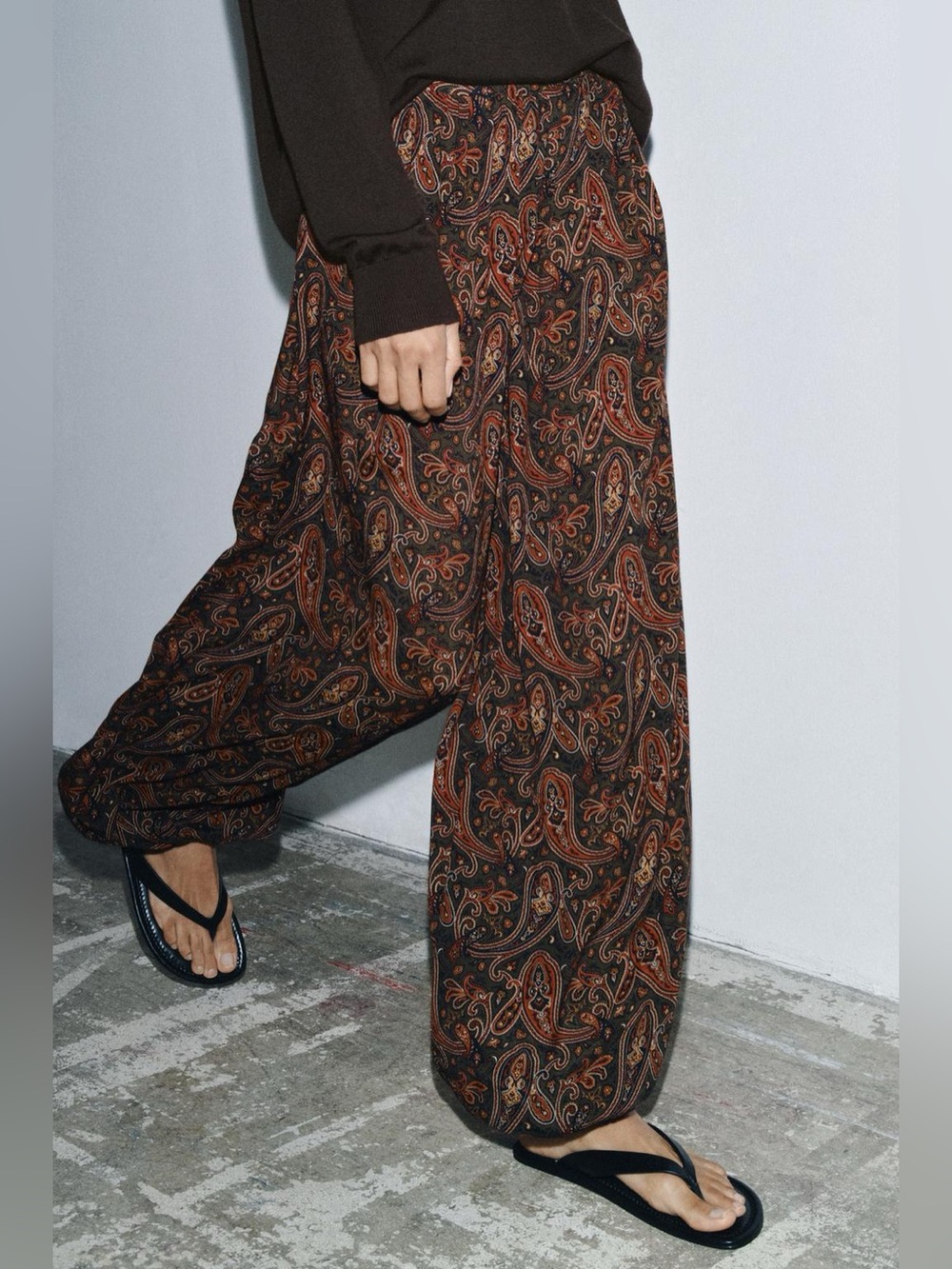 Zara Brown Paisley Wide-Leg Trousers - Picture 3 of 10